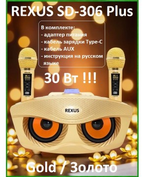 REXUS SD-306 Plus (золотой) - домашняя блютус-караоке система с двумя перезаряжаемыми радиомикрофонами, изменение голоса, Bluetooth