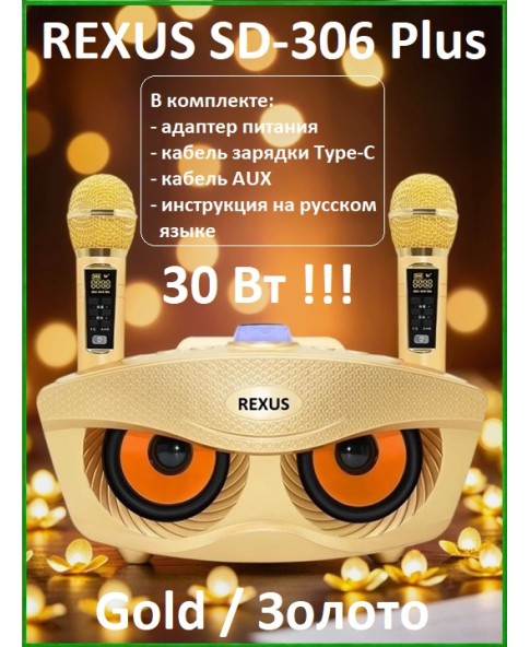 REXUS SD-306 Plus (золотой) - домашняя блютус-караоке система с двумя перезаряжаемыми радиомикрофонами, изменение голоса, Bluetooth