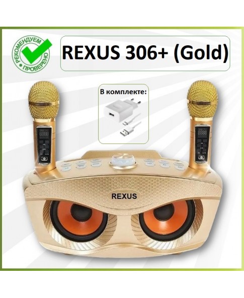 REXUS SD-306 Plus (золотой) - домашняя блютус-караоке система с двумя перезаряжаемыми радиомикрофонами, изменение голоса, Bluetooth