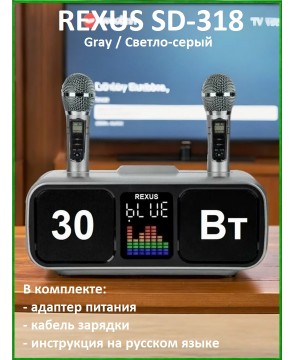 REXUS SD-318 (Gray) - беспроводная караоке система, 2 радиомикрофона, USB, Bluetooth, Optical, Coaxial