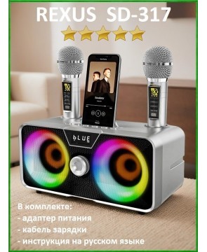 REXUS SD-317 (Gray) - караоке колонка, LED подсветка, Bluetooth, AUX