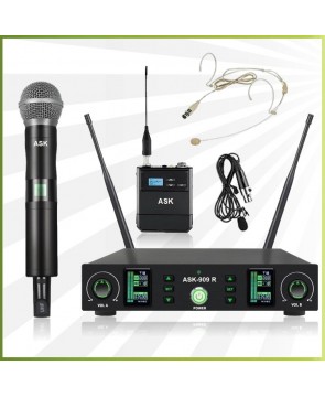 ASK 909 MX - вокальная радиосистема, ручной+головной/петличный микрофоны, UHF, 100 метров прием, сменные частоты