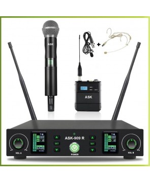 ASK 909R (MX) - вокальная радиосистема, ручной+головной/петличный микрофоны, UHF, 100 метров прием, сменные частоты