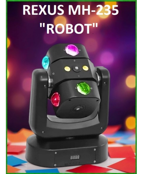 REXUS MH-235 "Robot" - LED голова вращения, лучи BEAM 8*10Вт (RGBW), Стробоскоп, Лазер Red/Green REXUS MH-235 "Robot" - LED голова вращения, лучи BEAM 8*10Вт (RGBW), Стробоскоп, Лазер Red/Green